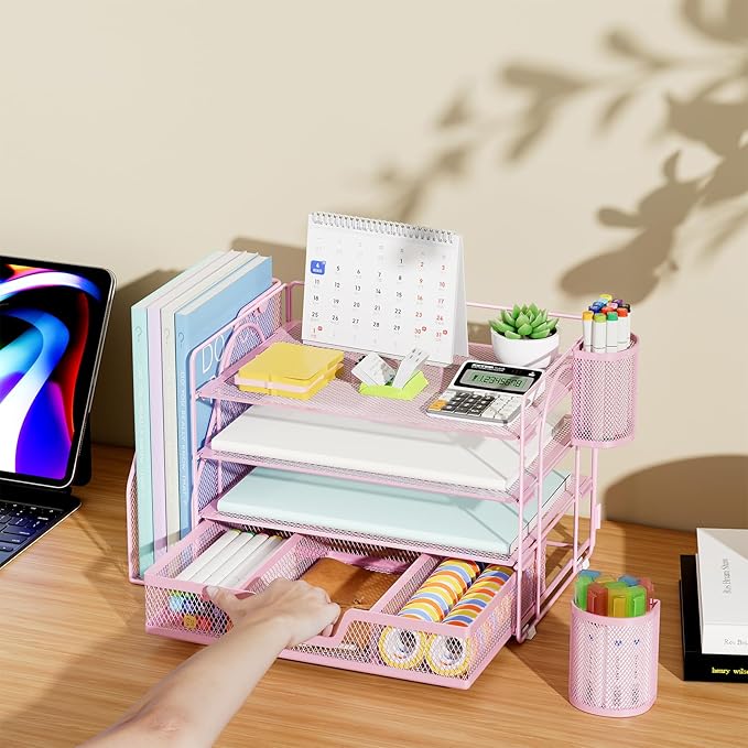Marbrasse Desk Organizer and Accessories,4-Tier Paper Letter Tray Organizer with File Holder, Workspace Desk Organizers Accessories with Drawer and 2 Pen Holder (Pink, 15.4" x 9.1" x 8.3")