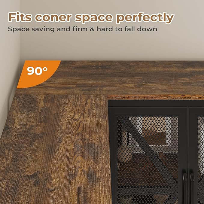 Corner Bookshelf, 6 Tier Industrial Convertible Bookshelf with 6 Fabric Drawers, Corner Bookcase Large L Shaped Storage Display Shelf for Home Office, Living Room, Kitchen, Rustic Brown