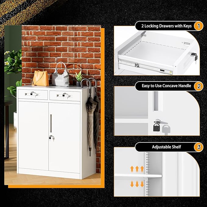 Greenvelly Metal Storage Cabinet, 42' White Steel Garage Cabinet with 2 Doors, Adjustable Shelves, Locking for Office, School or Tool Organization