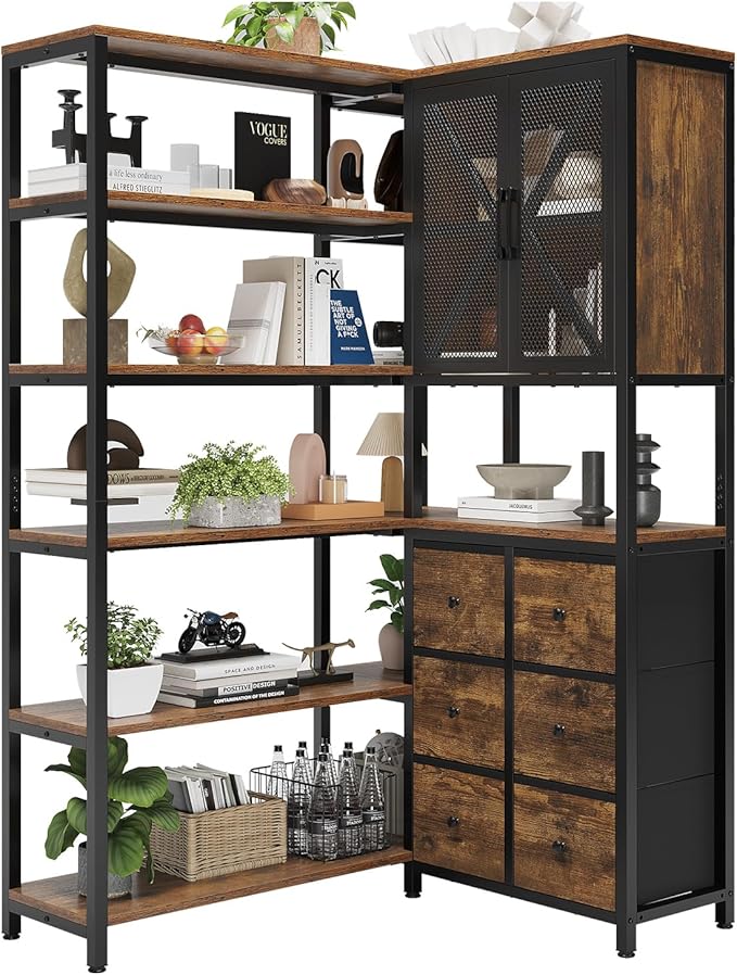 Corner Bookshelf, 6 Tier Industrial Convertible Bookshelf with 6 Fabric Drawers, Corner Bookcase Large L Shaped Storage Display Shelf for Home Office, Living Room, Kitchen, Rustic Brown