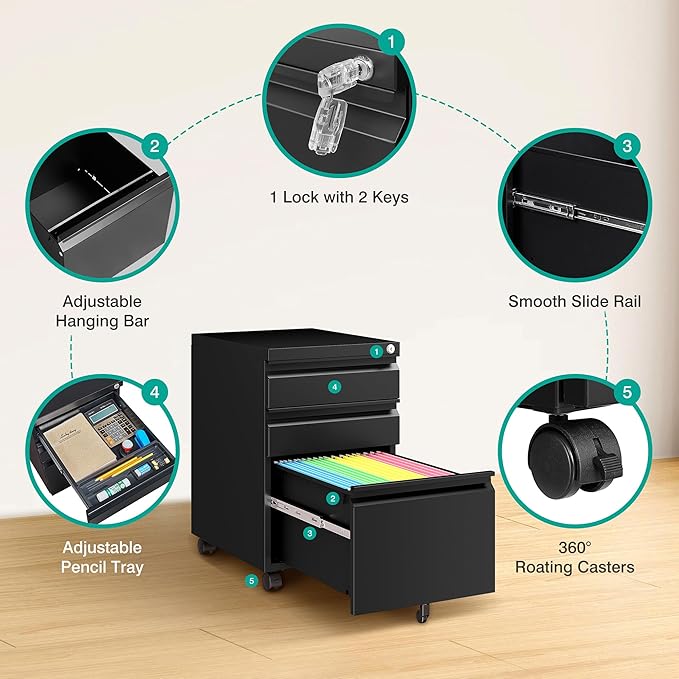 SISESOL 3 Drawer Mobile File Cabinet with Lock,Black Under Desk File Cabinets with Wheels,Rolling Metal Filing Cabinet for Home Office,Fit Legal/Letter/a4 File,Fully Assembled Except Caster