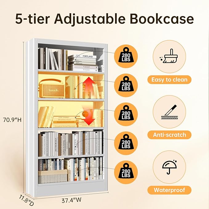 5-Tier Adjustable Bookcase, Heavy Duty Bookshelf with Book Stopper, Metal Bookcase for Library, Office, Living Room