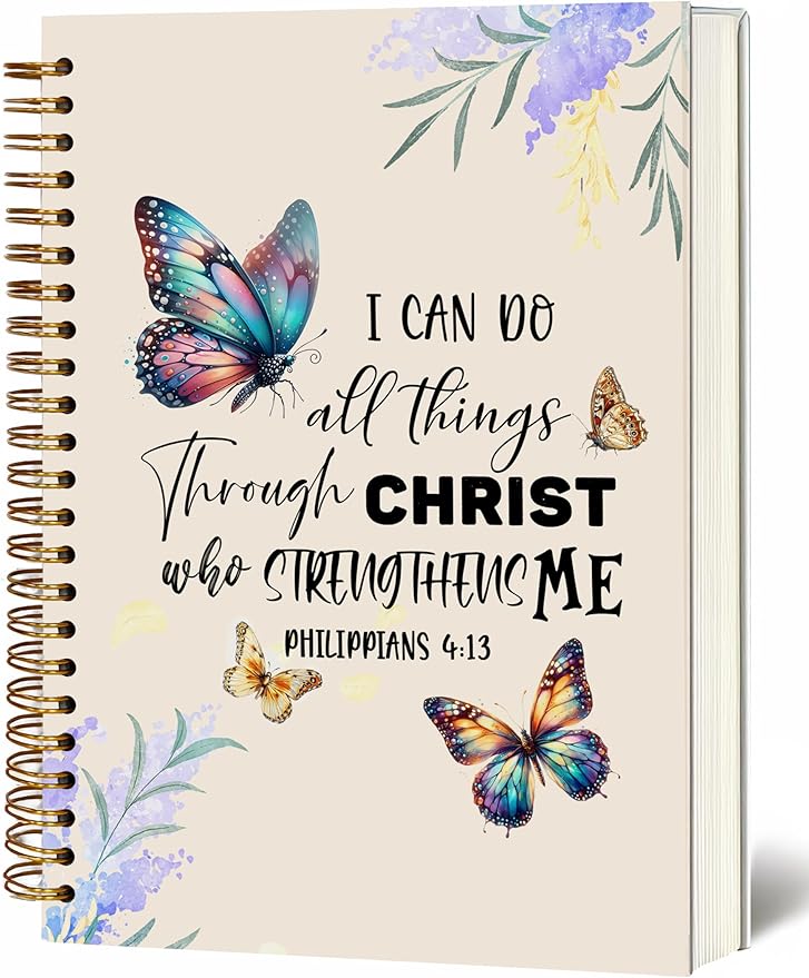 Bible Notebook, A5 Spiral Christian Journal Butterfly Notebook, Bible Verse-I Can Do All Things Through Christ Who Strengthens Me, Inspirational Notebooks for Women, Gift for Birthday Christmas