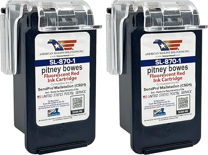 AMERICAN MAILING SOLUTIONS INC. | 2-Pack | PB SL-870-1 Red Fluorescent Ink Cartridge Replacement for SendPro Mailstation (CSD1) Postage Meter…