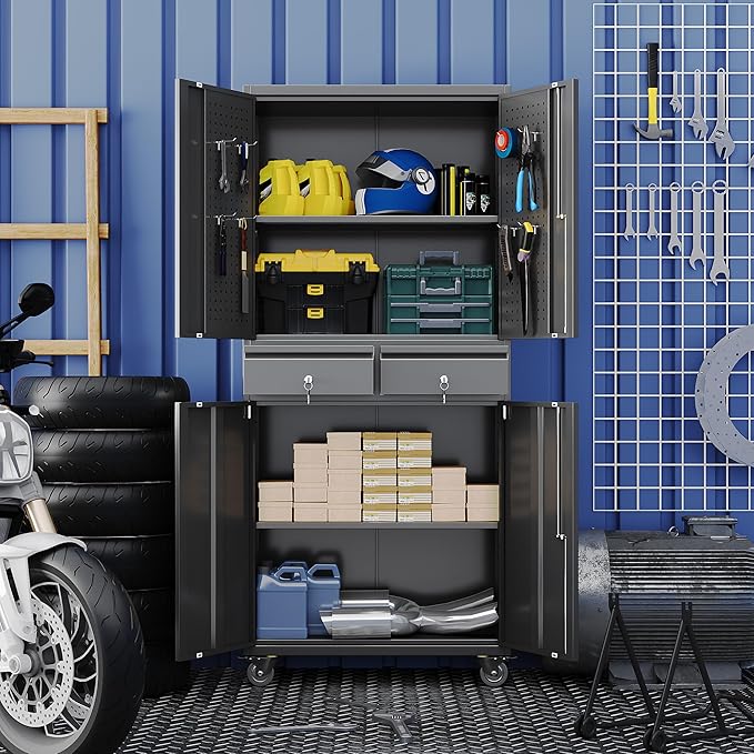 Garage Storage Cabinet with Wheels, Metal Storage Cabinet with 2 Drawers and 2 Adjustable Shelves, Metal Lockers with Pegboards for Homes, Offices, Kitchens, Schools and Pantries