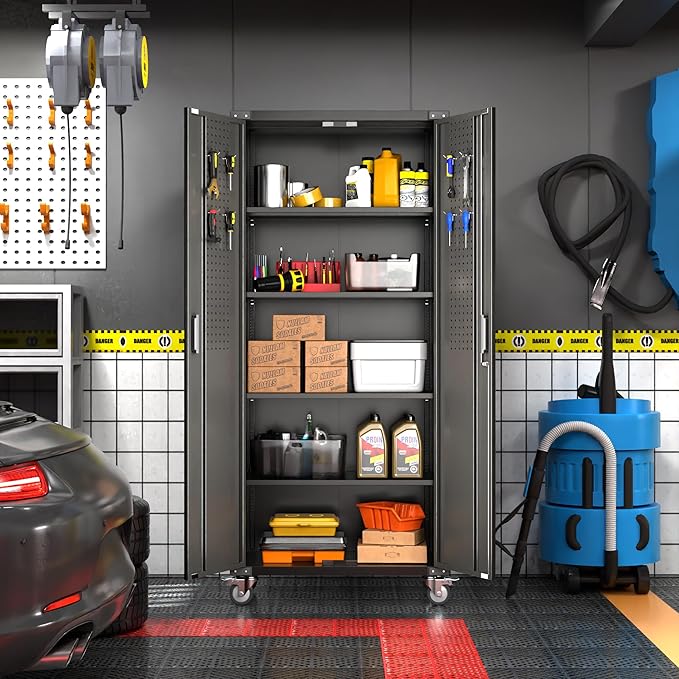 Aobabo Upgraded 72" H Garage Storage Cabinets with Wheels,Metal Storage Cabinets with Door Pegboard for Garage Home Office Storage,Assembly Required, Black