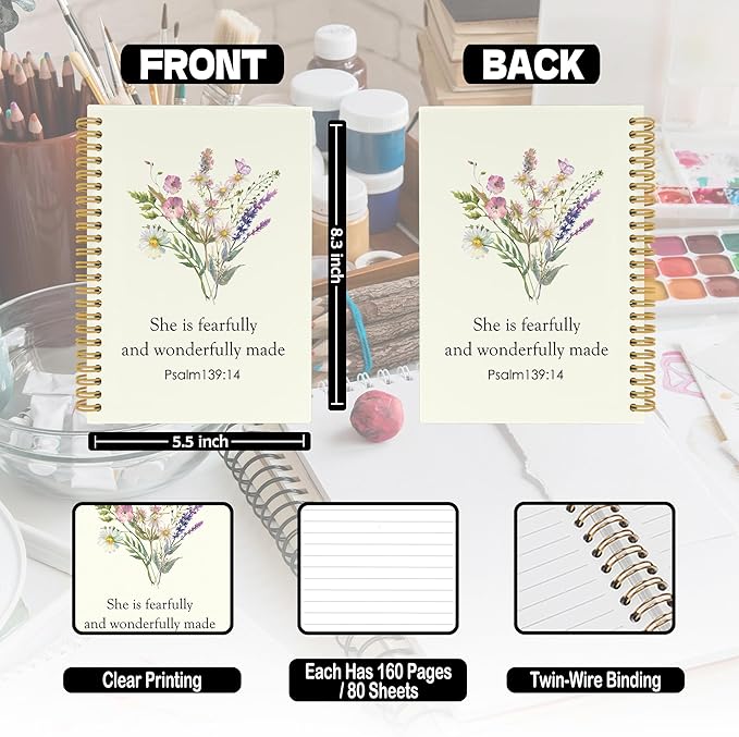 Bible Christian Wildflower Spiral Notebook, Inspirational Religious Journaling Notebooks for Work Office School, Floral Plant Prayer Hardcover Journals Gifts for Women, 160 Pages 5.5 x 8.3 Inch