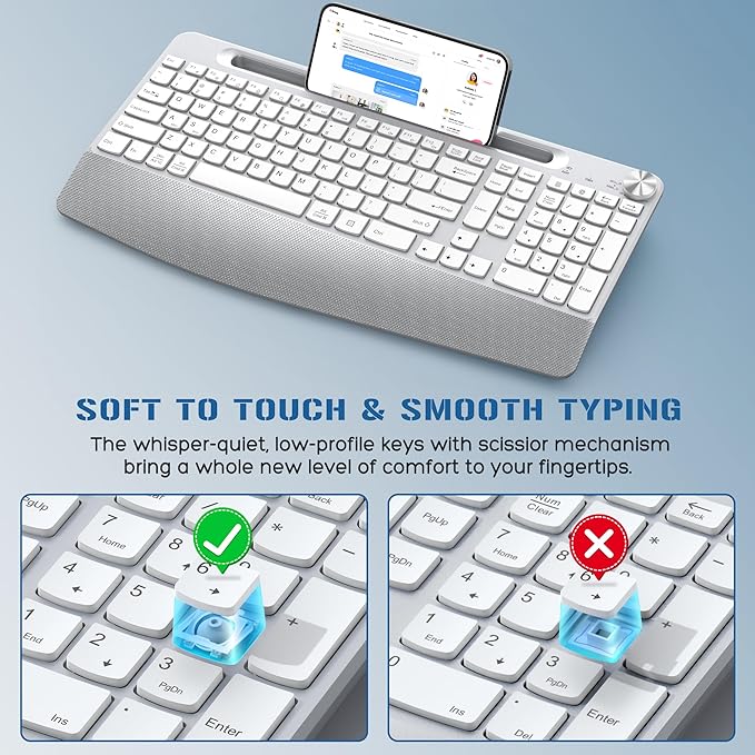Ergonomic Wireless Keyboard with Wrist Rest-Low-Profile,Phone/Tablet Holder,Quiet Design,Windows & Mac OS,Full Size Cordless USB Computer Keyboard for Desktop,Laptop, PC, Mac, Windows-White