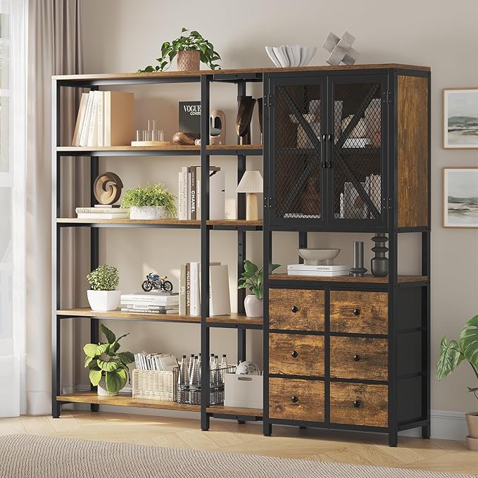 Corner Bookshelf, 5 Tier Industrial Convertible Bookshelf with 6 Fabric Drawers, Corner Bookcase Large L Shaped Storage Display Shelf for Home Office, Living Room, Kitchen, Rustic Brown