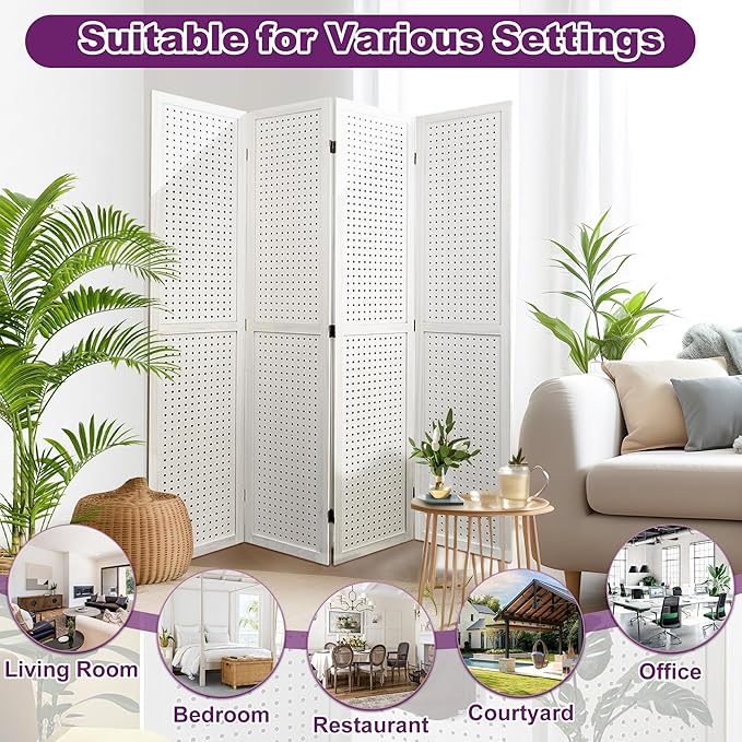 Room Divider, 5.6FT Folding Room Divider Panel, 4 Panel Pegboard Display Wood Partition Wall Divider for Room Separation& Craft Shows, White