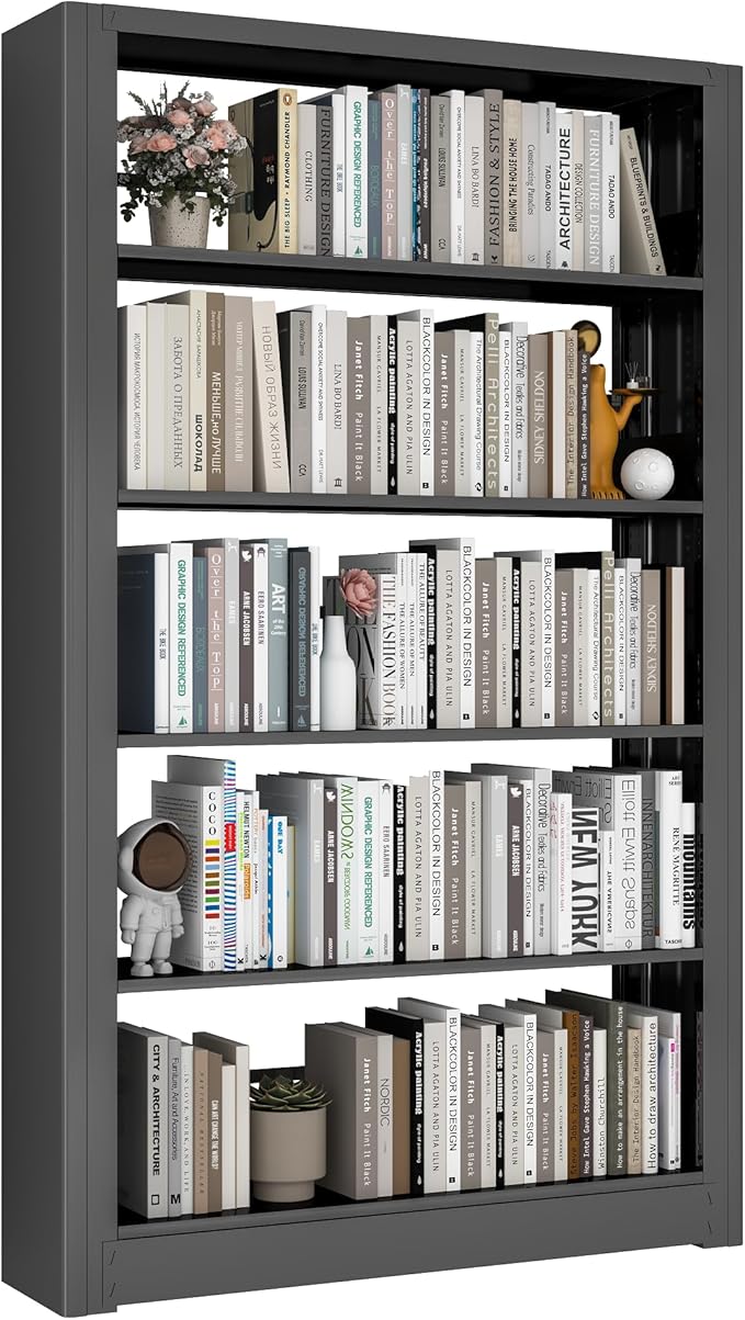 Bookshelves And Bookcases, 36" Wide Office Hard Cover Books Bookshelf, Black 5 Shelf Metal Bookcase, 69" Tall Industrial Sturdy Open Bookshelf for Living Room, Library, School, Bedroom, Kitchen