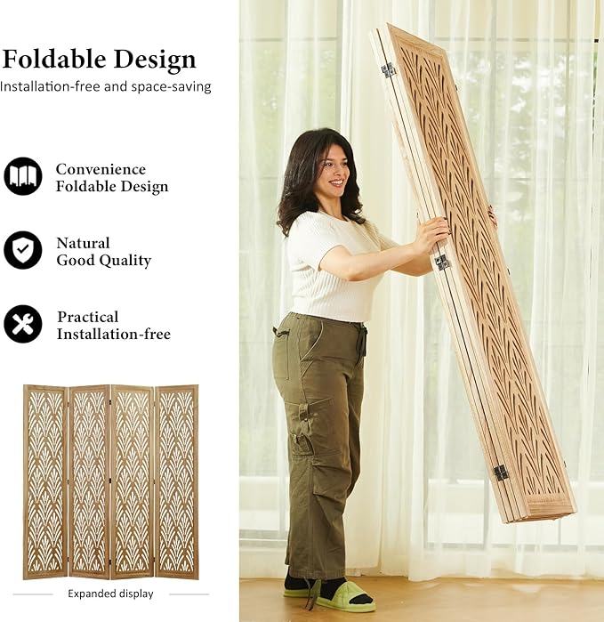 5.6Ft Room Divider Folding Wood Simple Carved Partition Screen for Home Office Garden - 4 Panels (Natural)