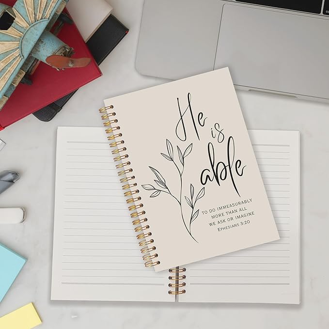 Qabliqo Christian Spiral Notebooks, Ephesians 3:20 Bible Journals for Writing, Religious Christian Journal for Women Men, He Is Able Bible Scripture Notebook for Note Taking, 5.5x8.3 Inch