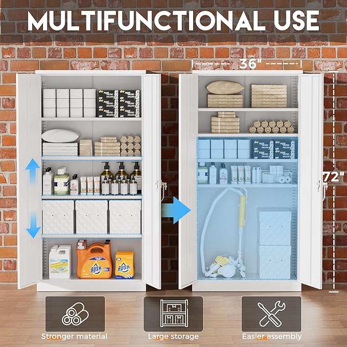 Greenvelly White Metal Storage Cabinets 72” Garage Steel Storage Cabinet with Doors and Shelves, Metal File Organization for Home Office, Basement, Warehouse, Classroom(Anti Ttipping)