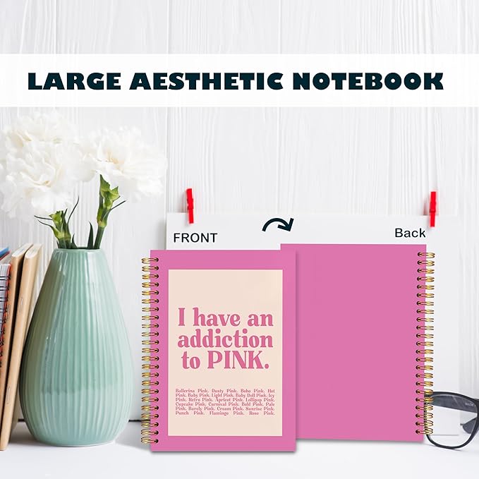 BearCake Preppy Pink Notebook, Pink Journal, Pink Office Supplies, Pink Aesthetic Notebooks, I Have an Addiction to Pink Hardcover Spiral Notebook 5.5x8.3, Pink Desk Accessories for Women Office