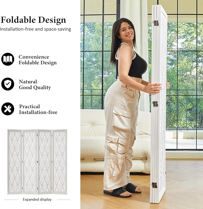 5.6Ft Room Divider Folding Wood Simple Carved Partition Screen for Home Office Garden - 4 Panels (White)