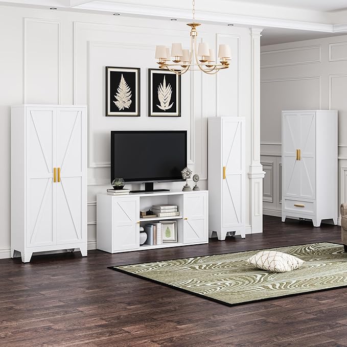 Metal Storage Cabinet with 2 Barn Doors,Farmhouse Sideboard Buffet Cabinet,Pantry Storage Cabinets with Drawers and Shelves, Coffee Bar for Kitchen, Dining Room,Living Room,White TV Stand