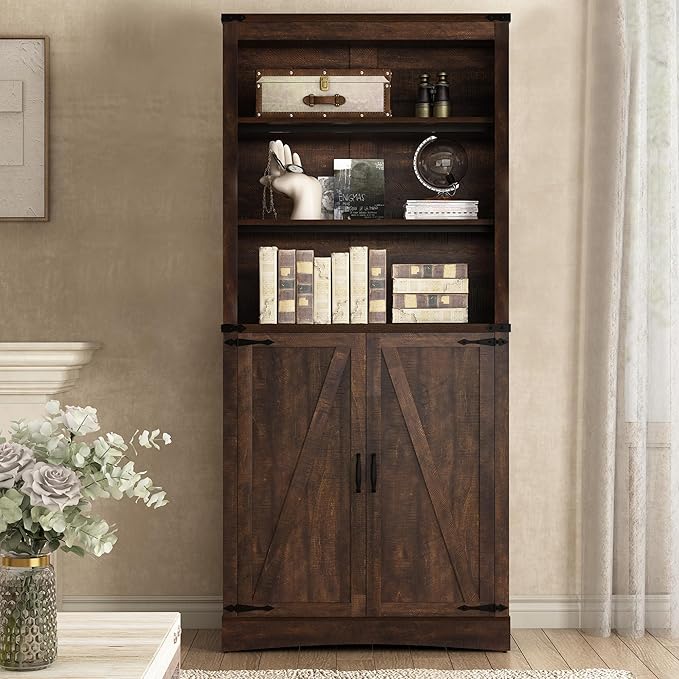 71in Farmhouse Kitchen Pantry Cabinet,Tall Storage Cabinet with 2 Doors and Adjustable shelves,with Load-Bearing Steel Pipe,Wood Storage Cabinets for Kitchen,Dining Room,Bathroom(Brown)