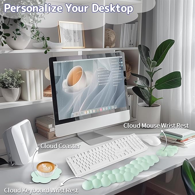 Cloud Wrist Rest Keyboard, Cloud Keyboard Wrist Pad Set with PU Leather Memory Foam, Cute Arm Rest for Palm Support, PC/Gaming Desk Accessories/Office Setup/Computer Hand Cushion-Light Green