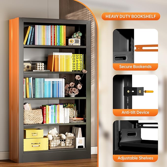 5-Tier Bookcase with Adjustable Storage Shelves, Metal Bookshelf with Book Stopper, Bookcase Shelf for Library, Office, Living Room (Black-2)