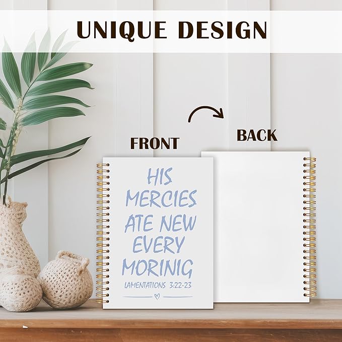 Qabliqo Trendy Blue Christian Spiral Notebooks, His Mercies Are New Every Morning Bible Journal, Religious Scripture Journals for Writing, Bible Verse Notebook for Note Taking, 5.5x8.3 Inch