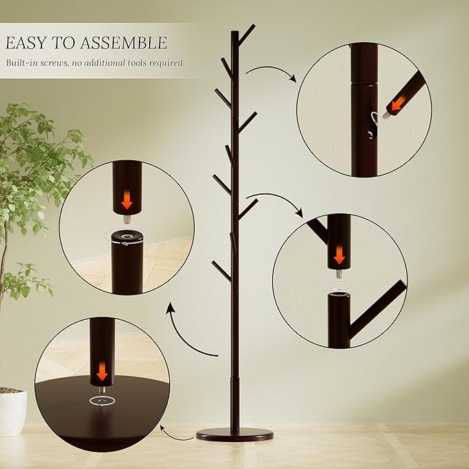 Wooden Freestanding Coat Tree with 4 Height Options and 9 Hooks, Sturdy Coat Rack Stand for Clothes/Bags/Hats, Save Space Coat Rack for Entryway, Bedroom, Office, Narrow Place (Coffee)