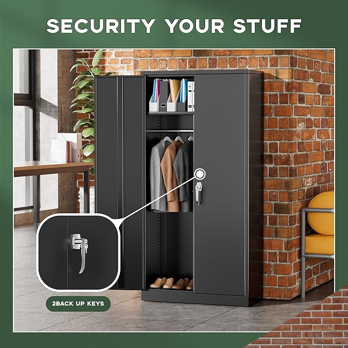 Greenvelly Metal Wardrobe Cabinet with Locking Doors, 72"H Black Metal Wardrobe Closet with Hanging Rods and Adjustable Shelves, Clothing Storage Closet for Home, Office, Employee, Gym (16" D x 32" W)