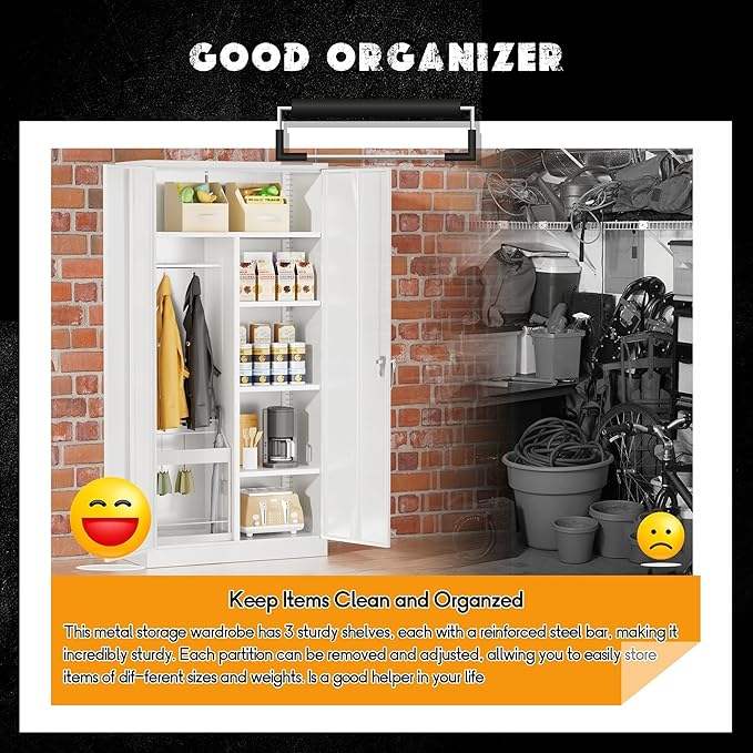 Greenvelly Metal Storage Cabinet Locker with Locking Doors,72" Metal Wardrobe Cabinet, Steel Storage Wardrobe with Hanging for Home Office, Garage, School, Gym(White 36" ×18")