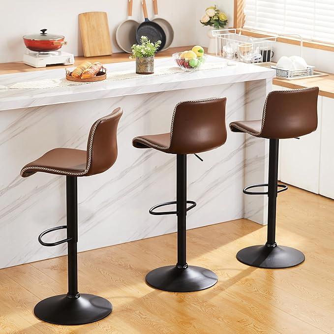 HeuGah Swivel Bar Stools Set of 2, Adjustable Counter Height Barstools with Back, Brown Faux Leather Bar Chairs for Kitchen Island (Brown, Set of 2 (24'' to 32''))