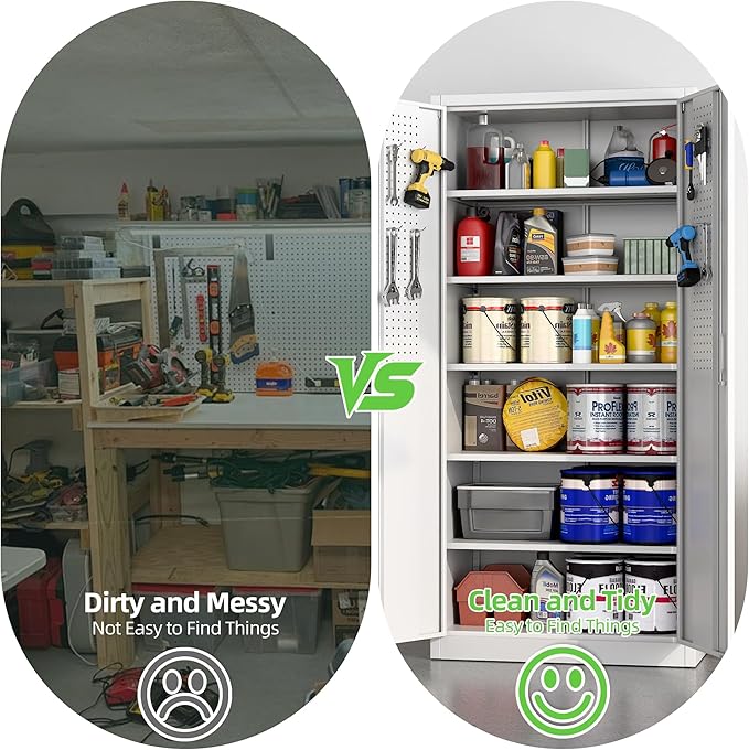 Aobabo Upgraded 71" H×34" W×18" D Metal Garage Storage Cabinet with Pegboards, Lockable Steel Cabinet with 5 Adjustable Shelves and 4 Hooks for Garage, Home, Office, White,Assembly Required