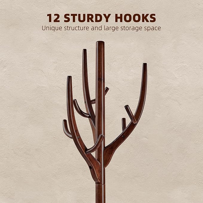 Uniclinens Coat Rack Freestanding Solid Wood Coat Tree Standing with 12 Hooks, Coat Rack Stand Creative Tree Branch-look (Dark Walnut)