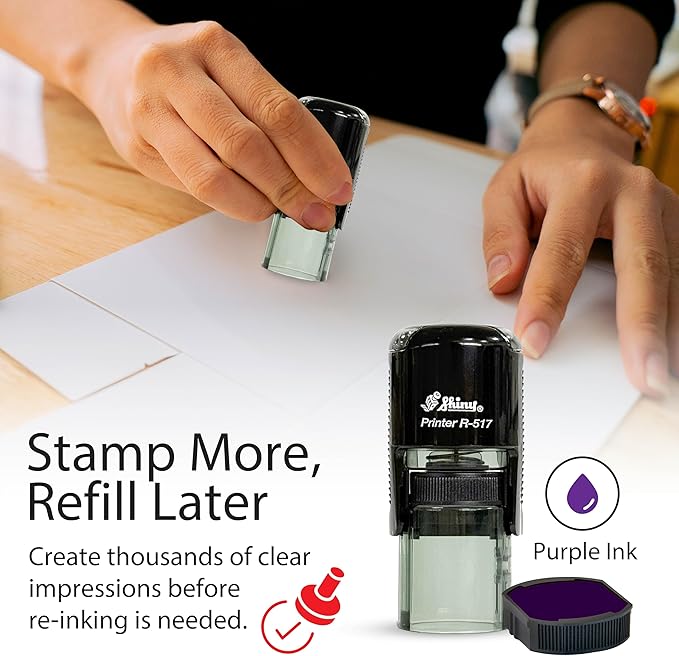 Shiny Pleasure Serving You Stamp, Round Self Inking Stamp for Office and Retail, Purple Ink