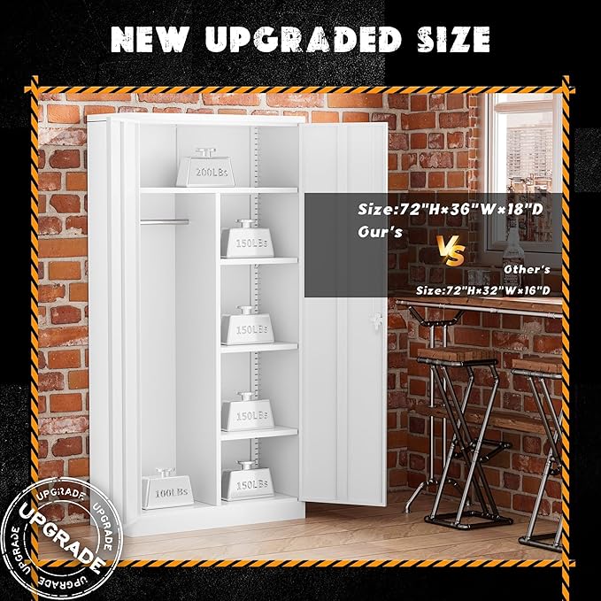 Greenvelly Metal Storage Cabinet Locker with Locking Doors,72" Metal Wardrobe Cabinet, Steel Storage Wardrobe with Hanging for Home Office, Garage, School, Gym(White 36" ×18")