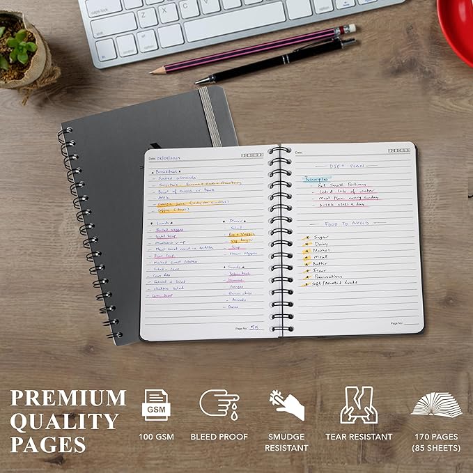 Lined Spiral Notebook Journal For Women & Men - A5(5.8" x 8.3") 170 Pages, Hardcover Notebooks for Work & Note Taking, College Ruled Journals for Writing - Grey