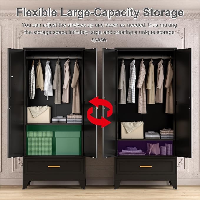 71'' Black Farmhouse Metal Wardrobe Cabinet with Hanging Rod, 2 Barn Door Wardrobe Closet with Adjustable Shelves,Drawer,for Dining Room,Bedroom,Living Room, Cloak Room,Office