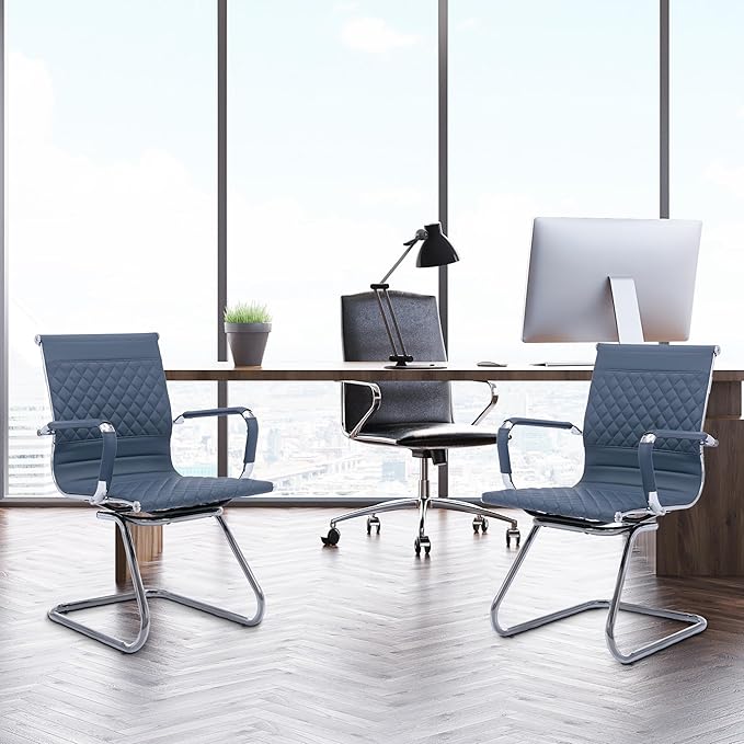 Office Guest Chairs Reception Chairs Waiting Room Chairs Set of 8 Conference Room Chair with Mid Back, Modern PU Leather Desk Chairs, Navy