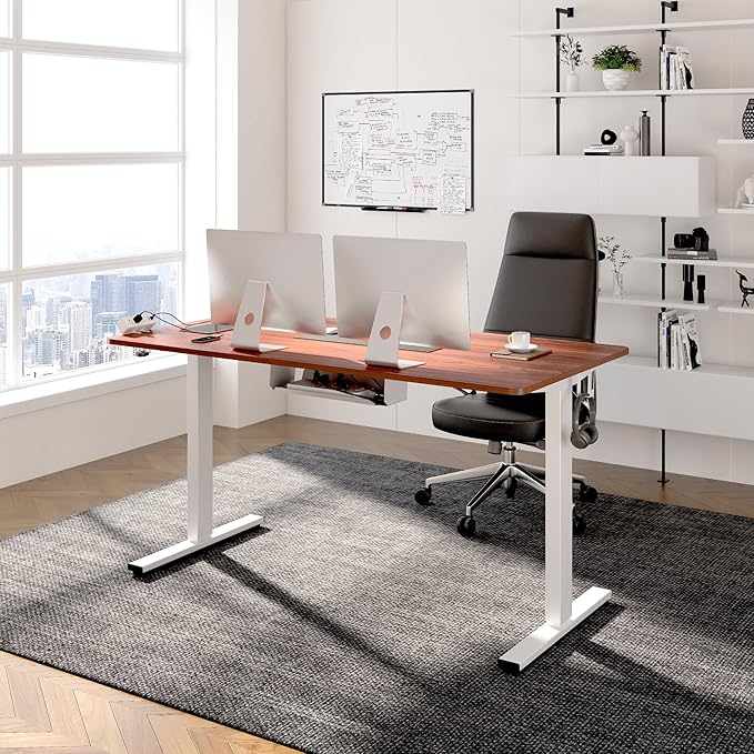 FLEXISPOT EN2 Whole-Piece Standing Desk with Clamp Power Strip, 55 x 28 Electric Stand Up Height Adjustable Desk with Cable Management (White Frame + 55" Mahogany Top, 2 Packages)