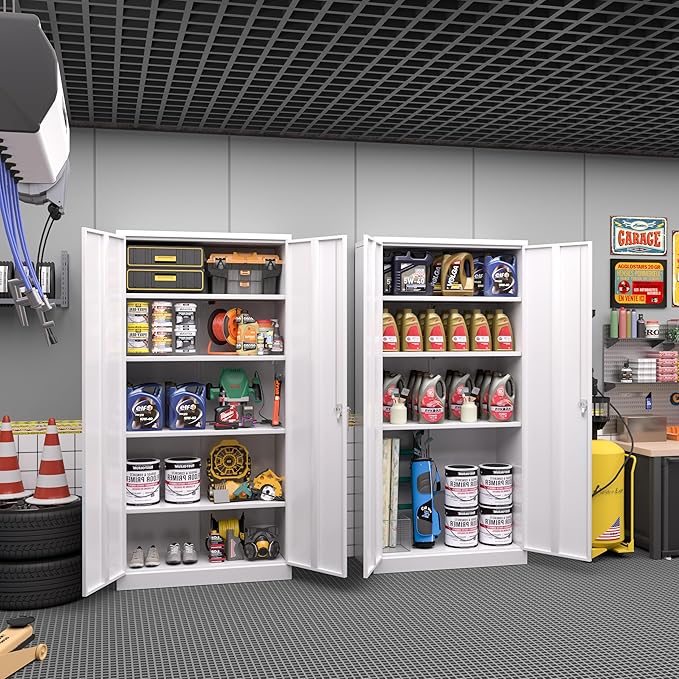 Greenvelly White Metal Storage Cabinets 72” Garage Steel Storage Cabinet with Doors and Shelves, Metal File Organization for Home Office, Basement, Warehouse, Classroom(Anti Ttipping)