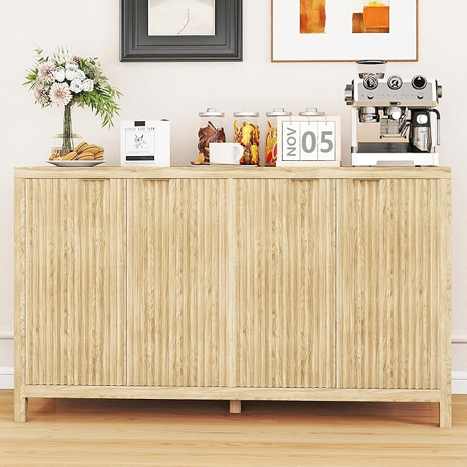 Real Relax Fluted Sideboard Cabinet, 4-Door Sideboard Buffet Cabinet with Storage, 55" Large Modern Credenza Adjustable Shelves, Buffet Table for Dining Room, Kitchen, Living Room, Natural Oak