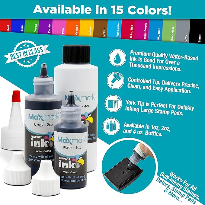 MaxMark Premium Refill Ink for self Inking Stamps and Stamp Pads, Black Color - 1 oz.