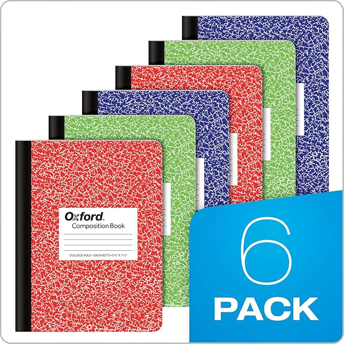 Oxford Composition Notebook 6 Pack, College Ruled Paper, 9-3/4 x 7-1/2 Inches, 100 Sheets, Assorted Marble Covers. 2 Each: Blue, Green, Red (63763)