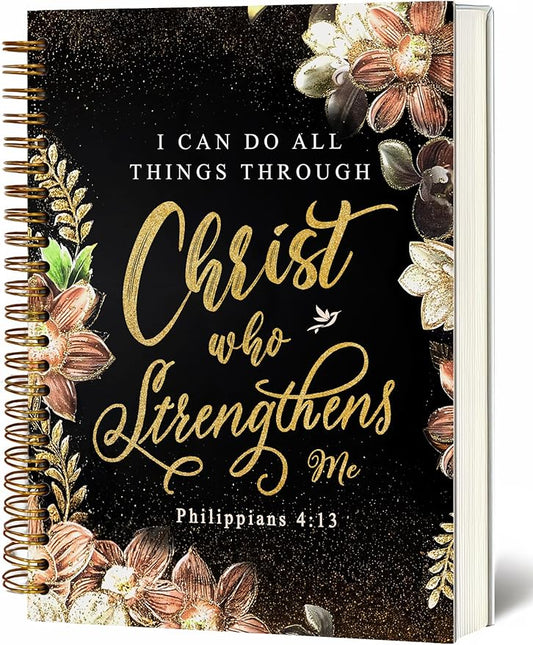 Bible Notebook, A5 Spiral Christian Journal with Floral Notebook, Bible Verse-I Can Do All Things Through Christ Who Strengthens Me, Inspirational Notebooks for Women, Gift for Birthday Christmas
