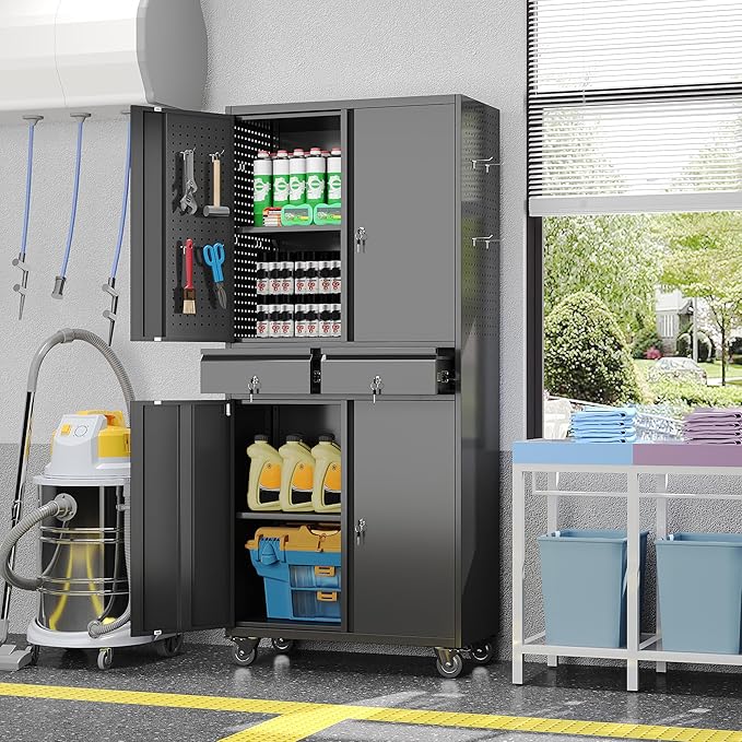Garage Storage Cabinet with Wheels, Metal Storage Cabinet with 2 Drawers and 2 Adjustable Shelves, Metal Lockers with Pegboards for Homes, Offices, Kitchens, Schools and Pantries