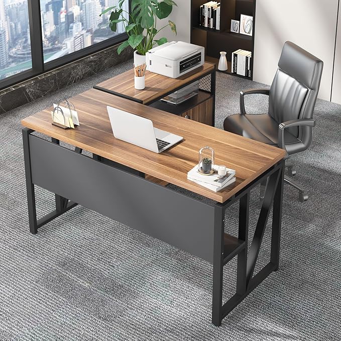 Tribesigns 55" Executive Desk with Reversible File Cabinet, Large L-Shaped Office Desk with Drawers, Business Furniture Workstation for Home Office (Dark Walnut, 55-inch)