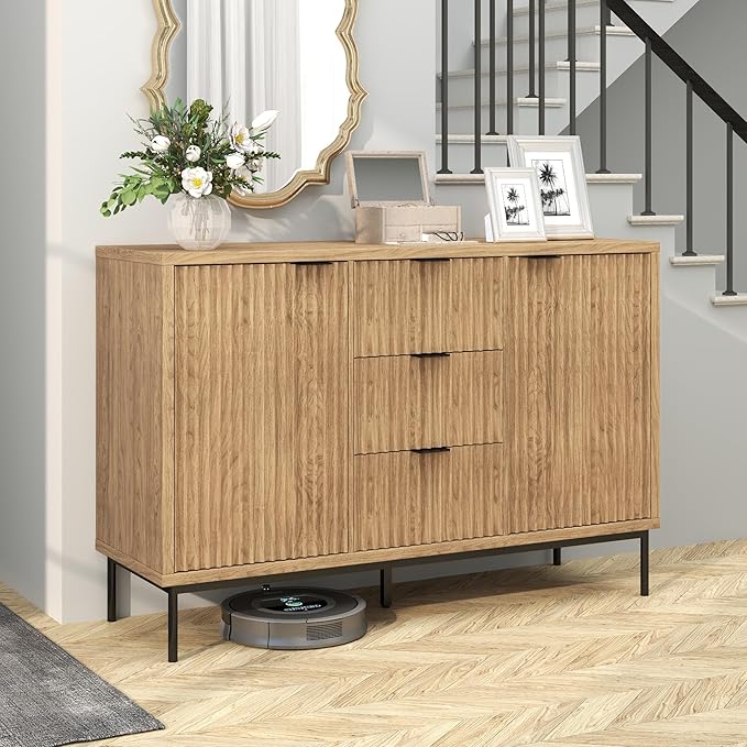 Real Relax Sideboard Buffet Cabinet with Storage, Modern Fluted Cabinet with 2 Doors 3 Drawers, Coffee Bar Accent Storage Credenza, for Kitchen, Living, Dinning Room, Oak