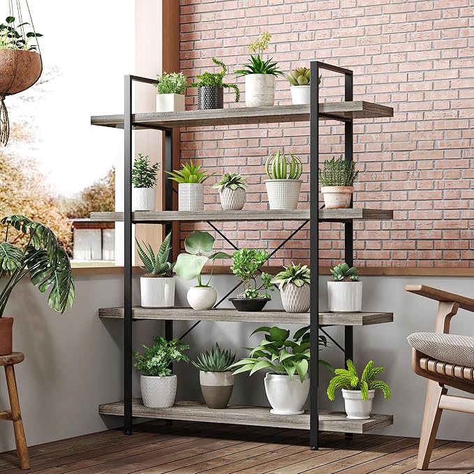 Heavy Duty 4-Tier Industrial Bookcase, 47" Wide Wood Bookshelf for Home Office, 120lbs Shelf Capacity, Rustic Shelving Display with Reinforced Horizontal Shelf for Living Room Bedroom,Grey