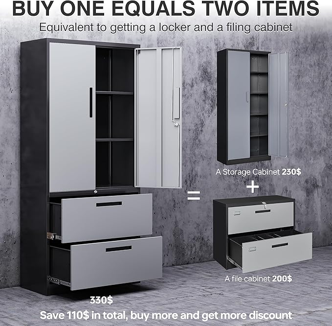 SISESOL Metal Storage Cabinet with Drawers, 71" File Cabinets for Home Office, Locking Steel Storage Cabinet with Doors and Shelves for Home, Office, Warehouse, Garage, School (Gray, 2 Drawers)