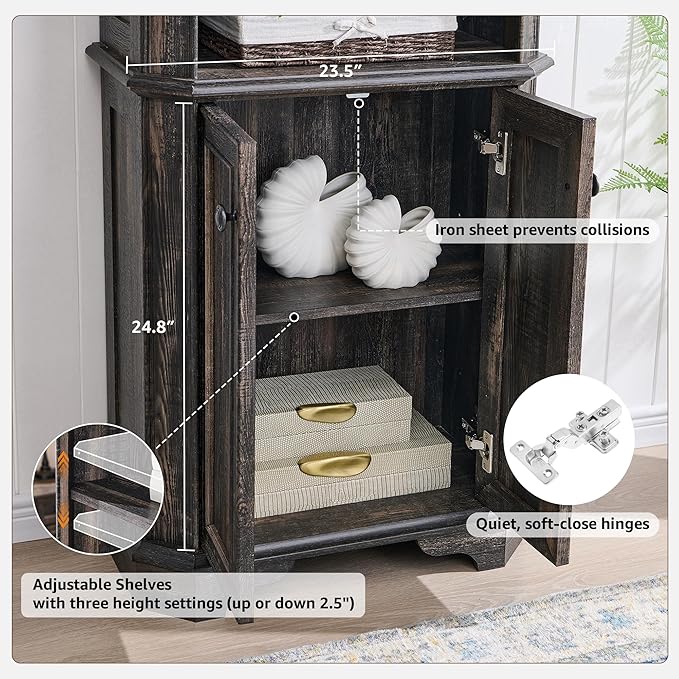 T4TREAM 6-Tier Bookshelf with Storage, 72" Tall Farmhouse Bookcase with Doors and Adjustable Shelves, Wooden Floor Standing Display Book Shelf Organizer for Home Office, Dark Rustic Oak