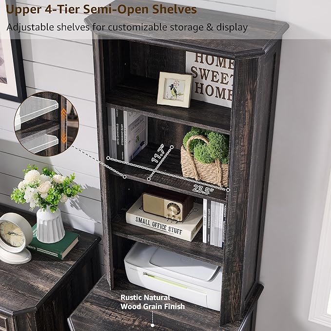 T4TREAM 6-Tier Bookcase with 2 File Drawers, 72" Tall Farmhouse Bookshelf with Storage & Adjustable Shelves, Wooden Floor Standing Display Book Shelf Organizer for Home Office, Dark Rustic Oak