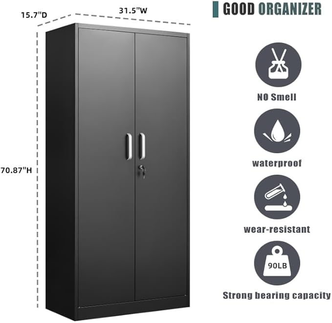 Metal Storage Cabinet with Adjustable Shelves, Garage Cabinet with 2 Lockable Doors, Garage Storage Cabinet, Kitchen Pantry Cabinet - 71'H, Black